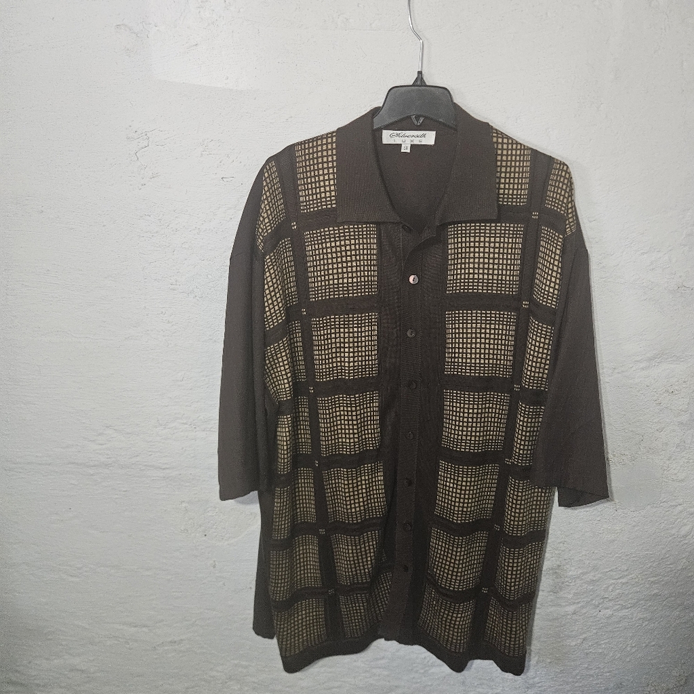 Silversilk Luxe Mens 5X Brown Short Sleeve Button Front Knit Shirt Big Tall
